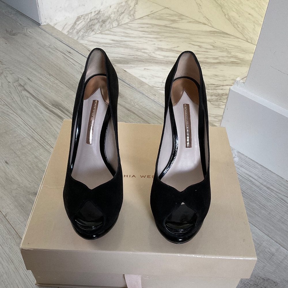 Sophia Webster black suede heels size 8.5 with gold heel detail